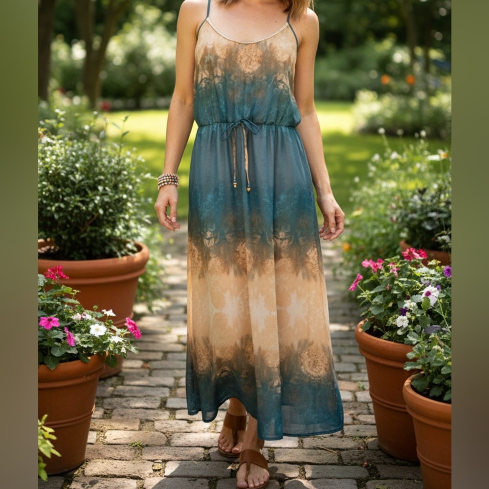 Maurices Boho Watercolor Slip Maxi‎ Dress ombré ocean vibes size large